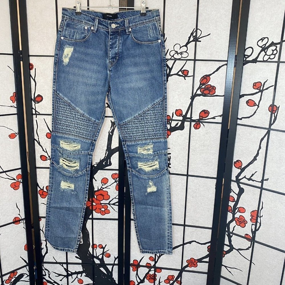 STAMPD Jeans Mens Size 32 Moto Blue Wash Distressed Ripped Skinny Denim New